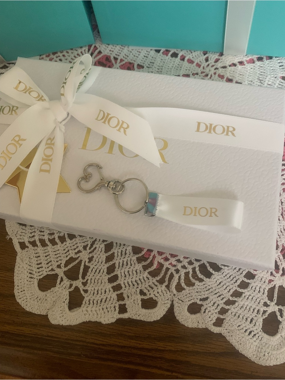 Dior White Satin Logo Keyring Strap with Gold Print